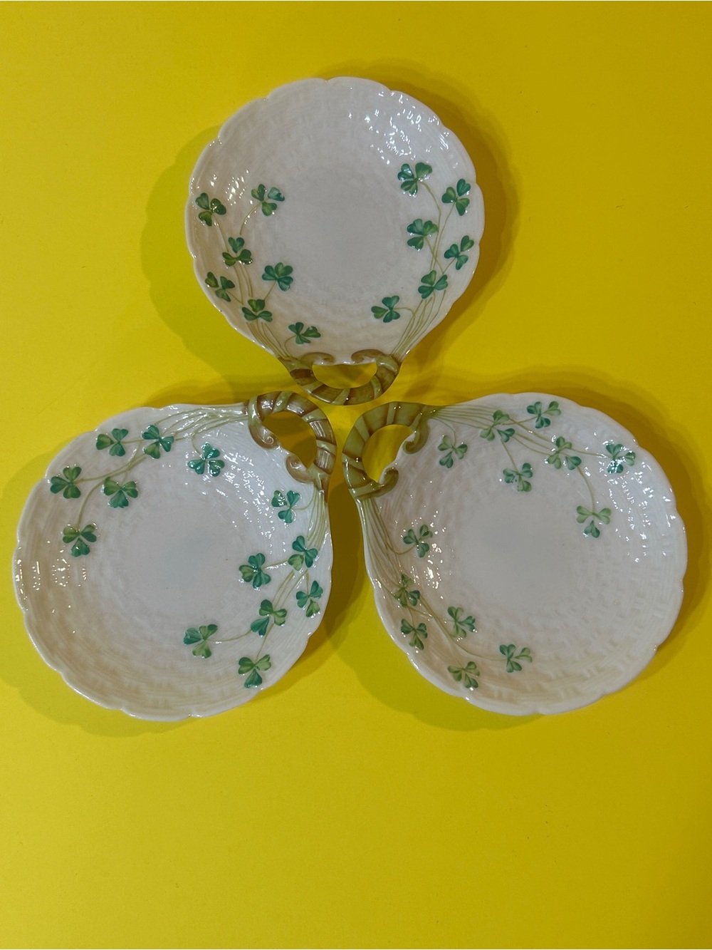 Set of 3 Belleek Shamrock Handled Butter Server Green Mark Spoon Rest - Candy